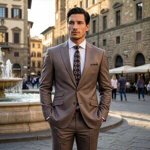 New 2026 Mens 2pc Textured Dark Tan Suit Set w/ Pick Stitch, Slim Fit